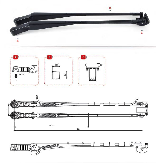 Pantograph Arm 1000mm 26.5mm saddle 16DIN M10 with washer 1281201GA04
