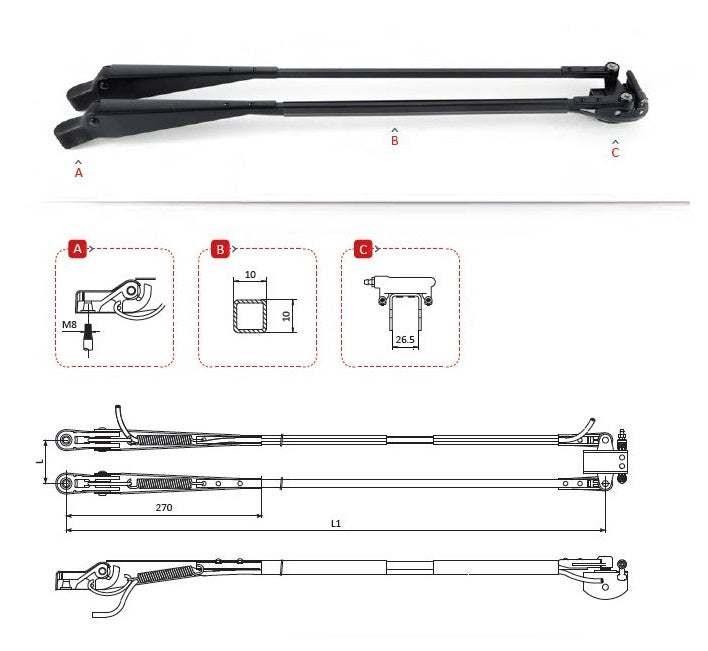 Pantograph Arm 700mm 26.5 saddle 12DIN M8 with washer 1280303GA04