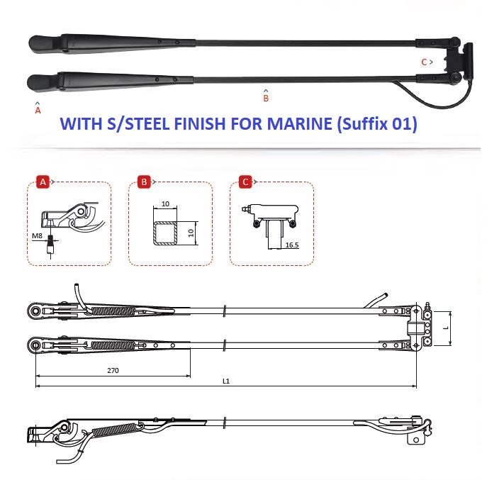 Pantograph Wiper Arm Marine S/S 600mm 16.5mm saddle 12DIN M8 with washer 1281952GA01