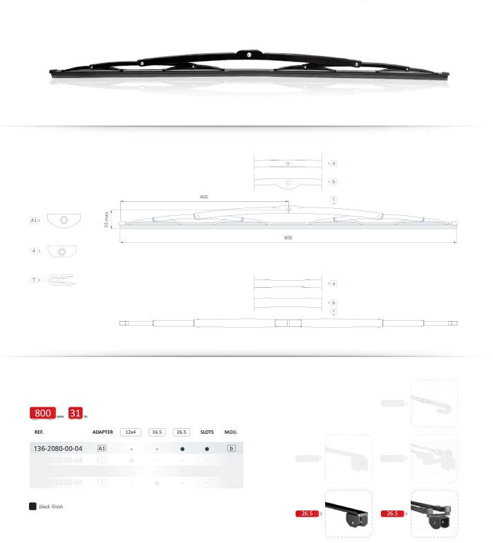 Wiper Blade S/S Black Finish Marine 800mm to suit 26.5mm Saddle 1362080GA06