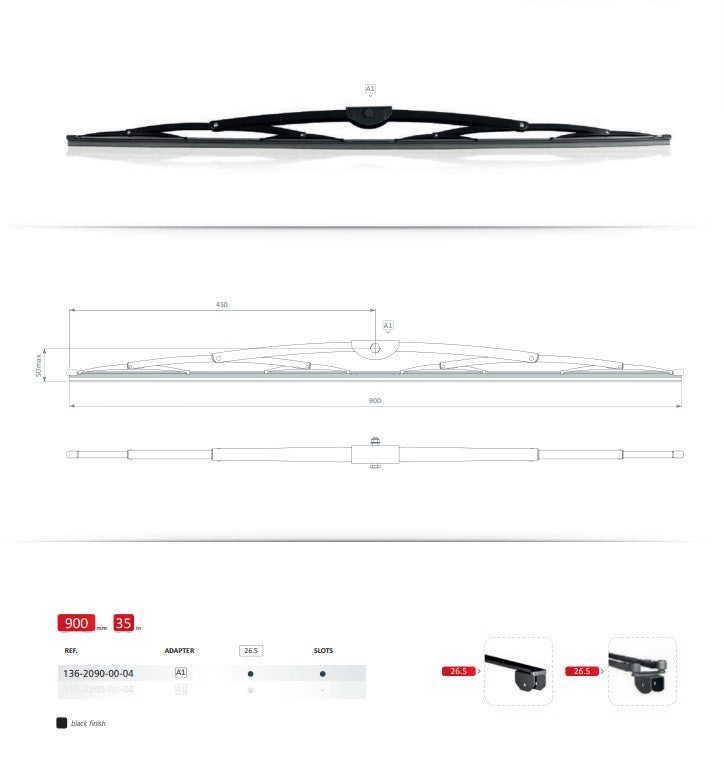 Wiper Blade 900mm to suit 26.5mm Saddle (Unboxed P90) 1362090GA04