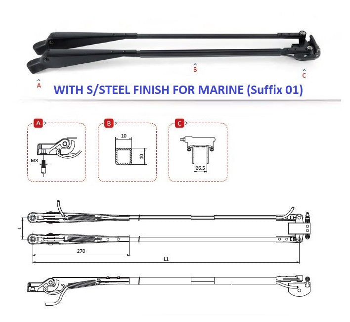 Pantograph Arm Marine S/S 1000mm 26.5mm saddle 12DIN M8 with washer 1280309GA01