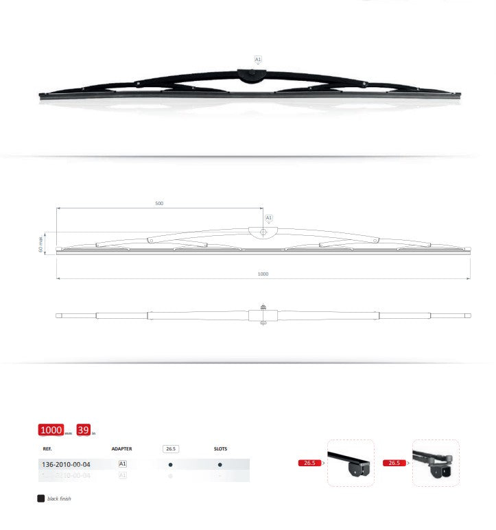 Wiper Blade S/S Black Finish Marine 1000mm to suit 26.5mm Saddle 1362010GA06