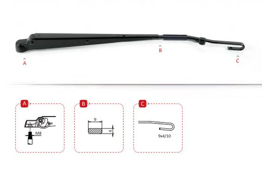 1258905GAD4 Wiper Arm 550mm 12DIN M8 (Dog Leg) suits forklifts