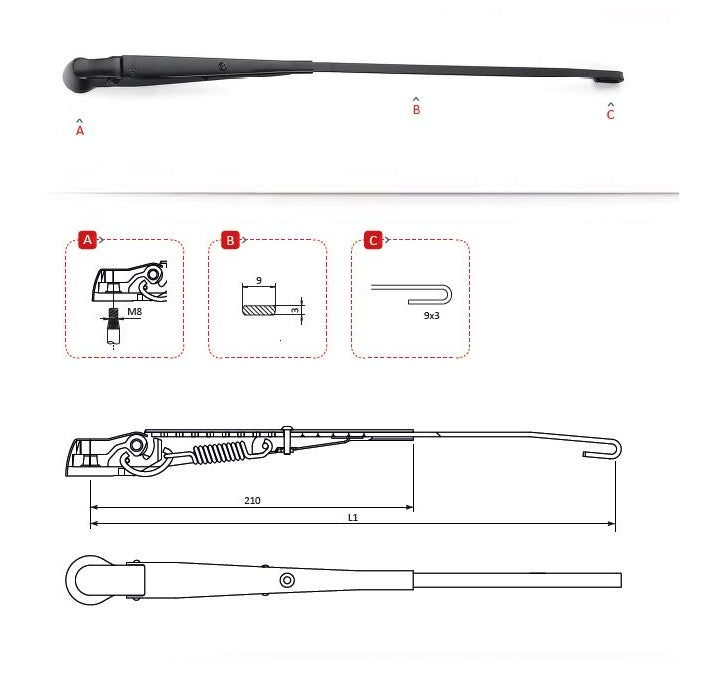 1204501GAR6 Single Arm Adj  340-430mm Hook 12DIN Marine